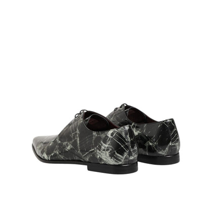 Dolce & Gabbana Marbled Pattern Dress Lace Up Derby Shoes back view, black leather with marbled design, luxury men's formal footwear
