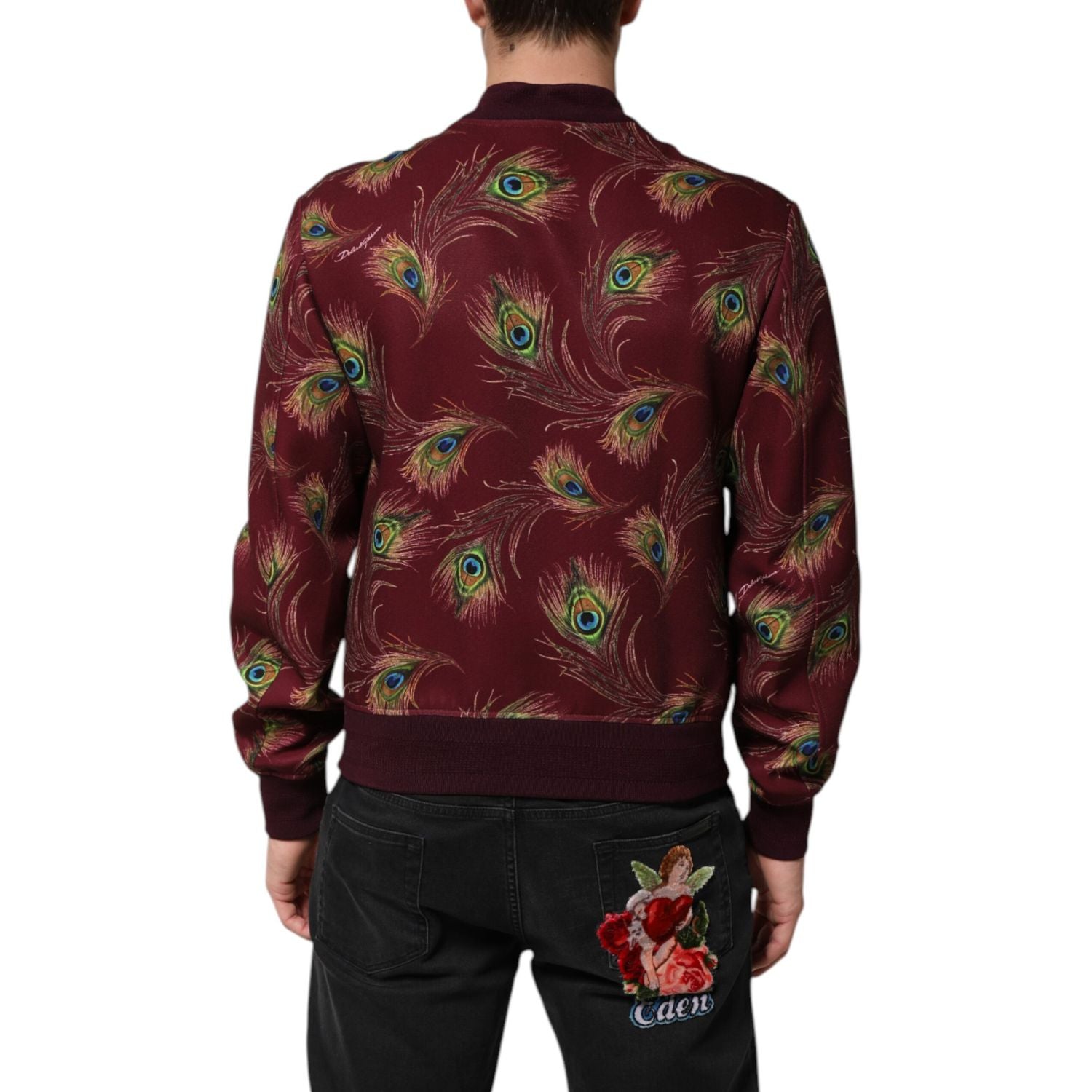Dolce & Gabbana Maroon Peacock Feather Print Bomber Jacket