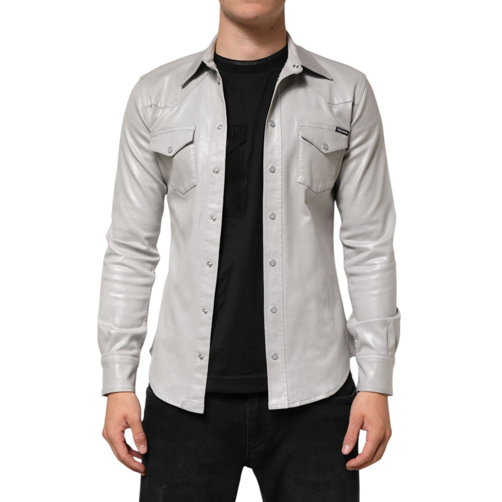 Dolce & Gabbana Metallic Gray Cotton Button Down Men Shirt with long sleeves, regular fit, and button closure, shown being worn.