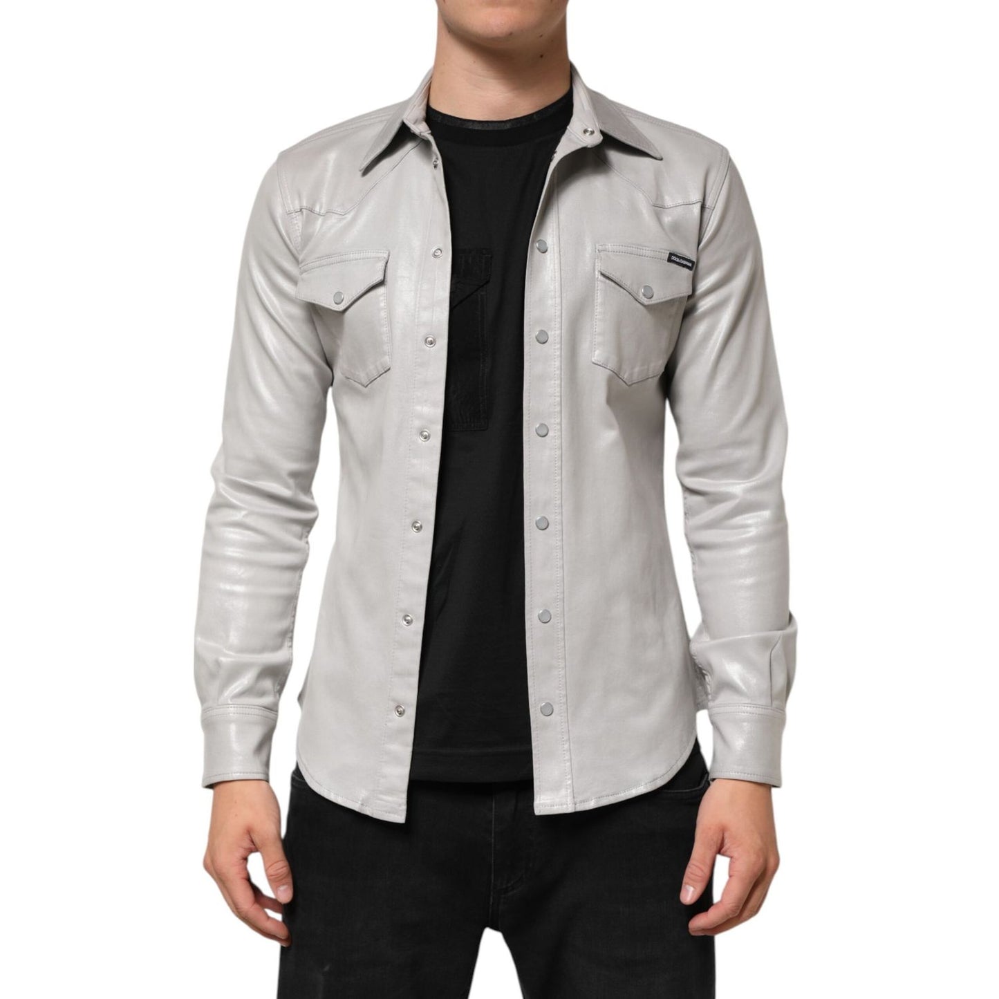 Dolce & Gabbana Metallic Gray Cotton Button Down Men Shirt with long sleeves, regular fit, and button closure, shown being worn.