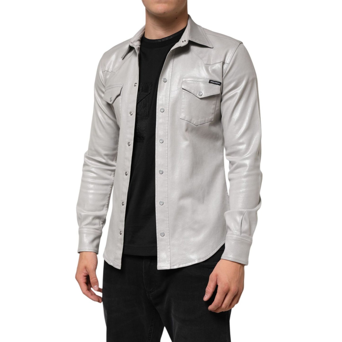 Dolce & Gabbana Metallic Gray Cotton Button Down Men Shirt with long sleeves and snap button closure, shown on a model.