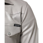 Close-up of a Dolce & Gabbana Metallic Gray Cotton Button Down Men Shirt showing logo detail on the chest pocket.