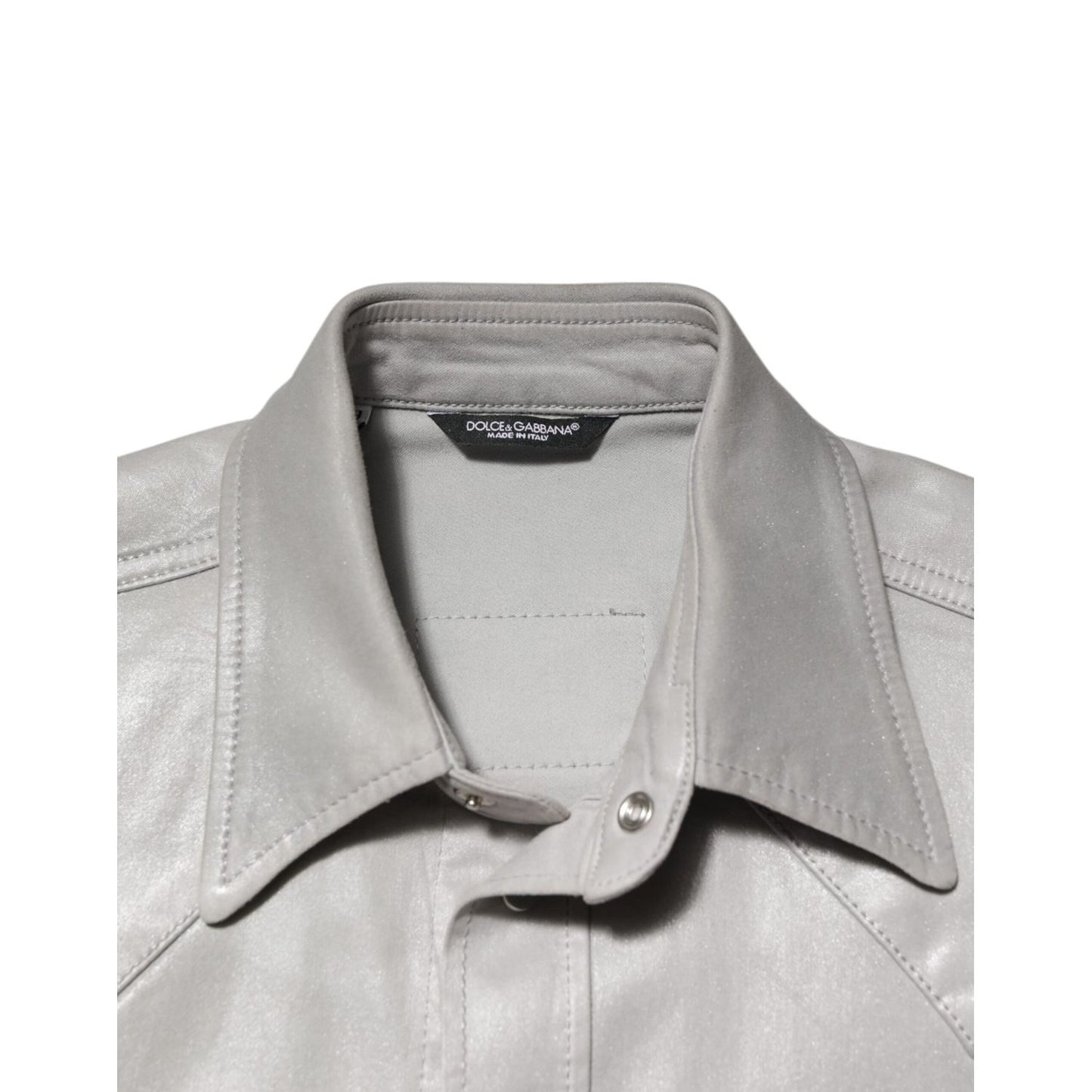 Dolce & Gabbana Metallic Gray Cotton Button Down Men Shirt with button details and logo tag shown.