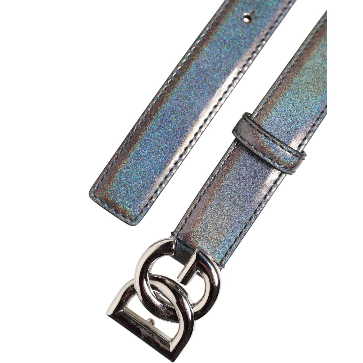 Dolce & Gabbana Metallic Leather Silver Tone Logo Buckle Belt