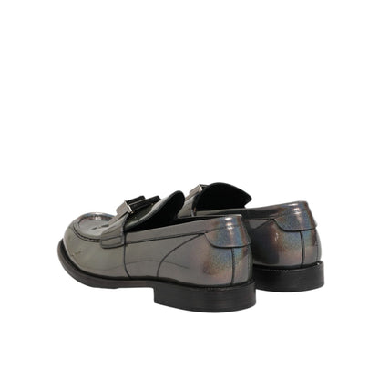 Dolce & Gabbana Metallic Silver Logo Slip On Men Dress Shoes, rear view showcasing luxurious design and craftsmanship.