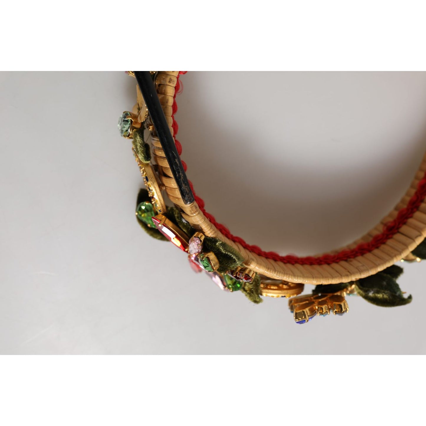 Dolce & Gabbana Multicolor Crystal Floral Gold Green Velvet Crown Headband on woven base with velvet accents.