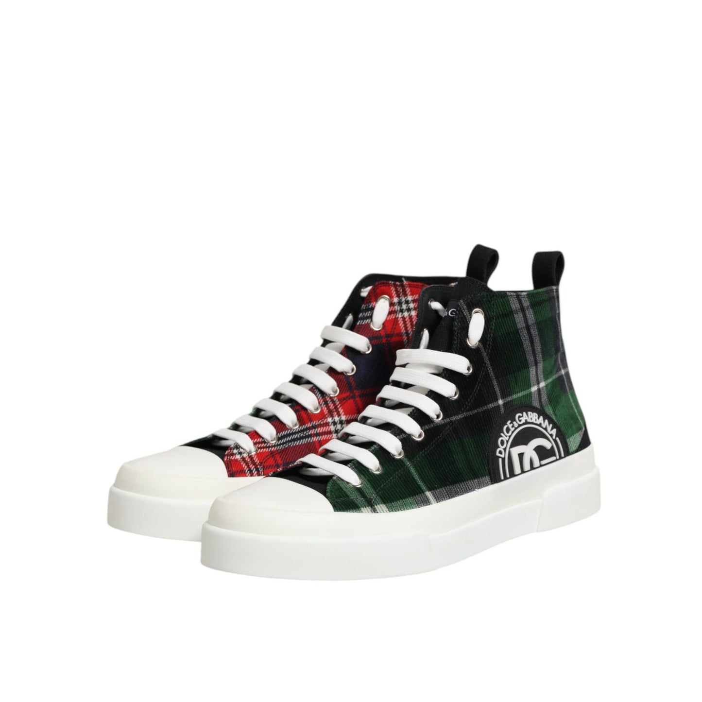 Dolce & Gabbana Multicolor DG Logo Men High Top Sneakers Shoes, plaid design, lace-up, rubber sole, stylish and trendy footwear.