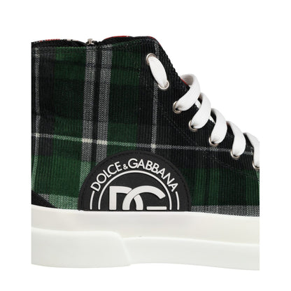 Dolce & Gabbana Multicolor DG Logo Men High Top Sneakers Shoes - side view in green plaid with logo patch and white laces.