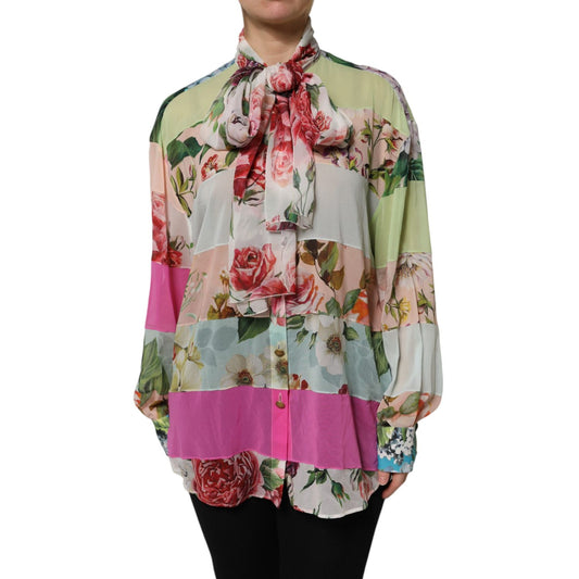 Dolce & Gabbana Multicolor Floral Patchwork Silk Ascot Collar Top with long sleeves and vibrant floral prints.