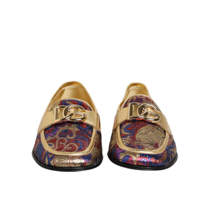 Dolce & Gabbana Multicolor Jacquard Gold DG Logo Loafer Shoes with vibrant patterns and luxurious detailing.