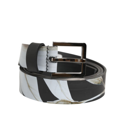 Dolce & Gabbana Multicolor PVC Floral Silver Buckle Men Belt with black leather and white floral print, 90 cm