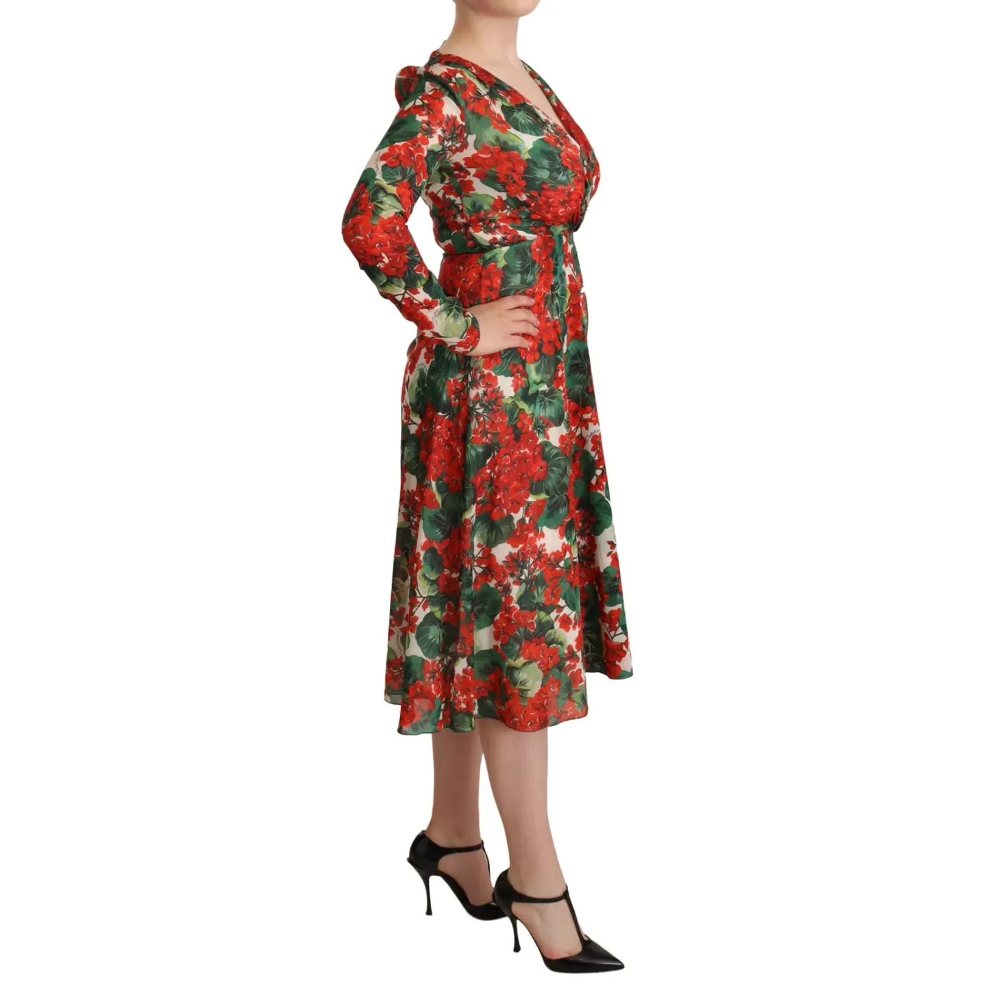 Dolce & Gabbana Multicolor Portofino-Print Shift Dress with red floral pattern and long sleeves, worn by model, side view
