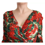Dolce & Gabbana Multicolor Portofino-Print Shift Dress with red floral print and V-neck design in silk, featuring long sleeves.
