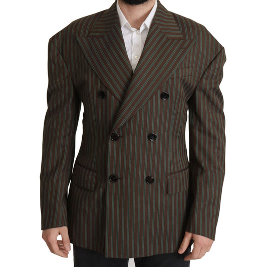 Dolce & Gabbana Multicolor Stripes Double Breasted Blazer with peak lapel, made from wool, featuring a bold striped pattern and logo details.