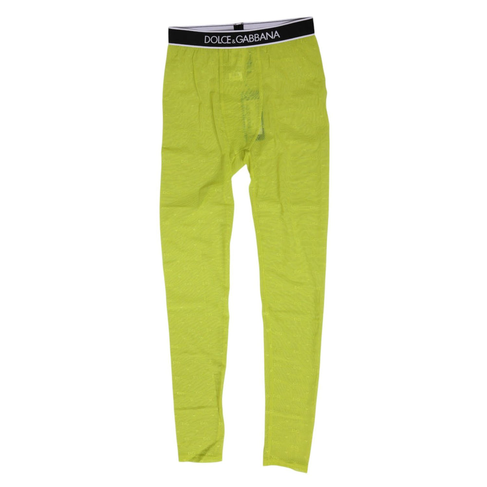 Dolce & Gabbana Neon Green Nylon Logo Lace Leggings Pants Underwear with black waistband on white background.