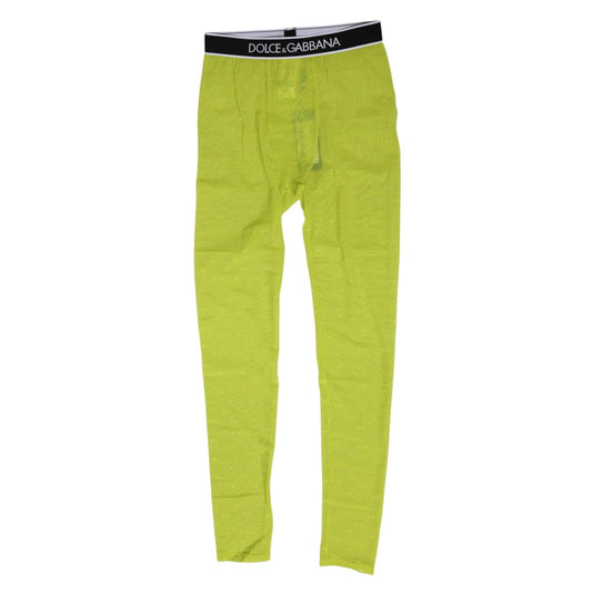 Dolce & Gabbana Neon Green Nylon Logo Lace Leggings Pants Underwear with black waistband on white background.