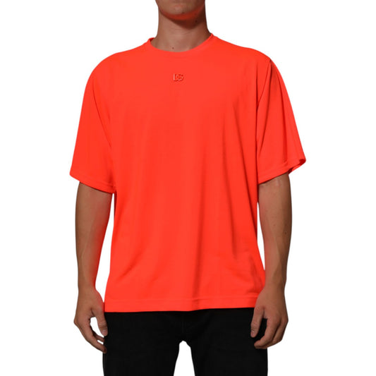 Dolce & Gabbana Neon Orange Polyester Men Crew Neck T-shirt with short sleeves and logo detail, vibrant style, front view.