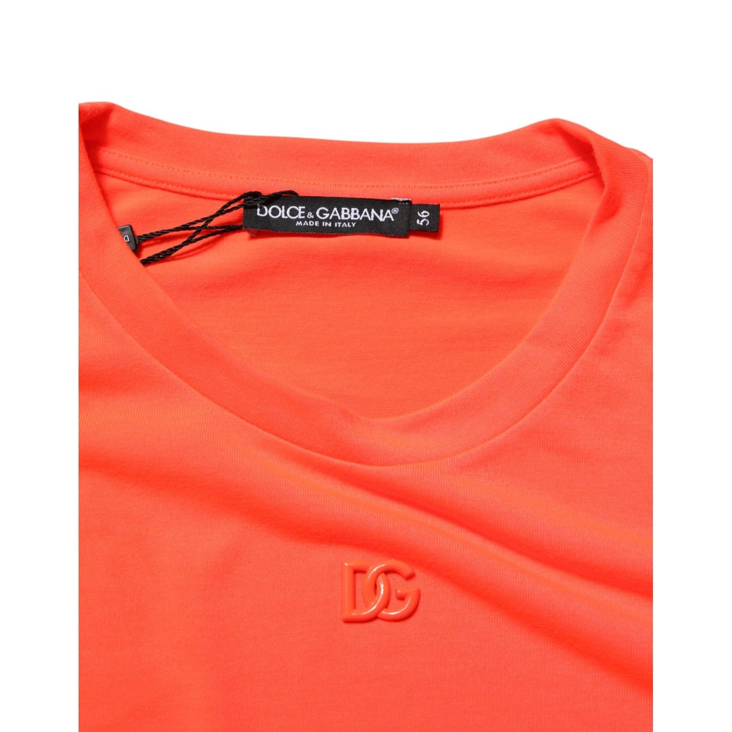 Dolce & Gabbana Neon Orange Polyester Men Crew Neck T-shirt with logo detail and smooth texture.