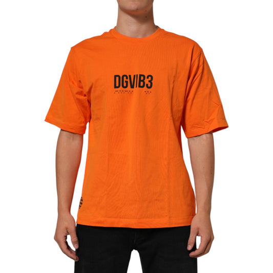 Dolce & Gabbana Orange DGVIB3 Crew Neck Short Sleeves T-shirt on model, 100% cotton with logo detail, casual and stylish fit.