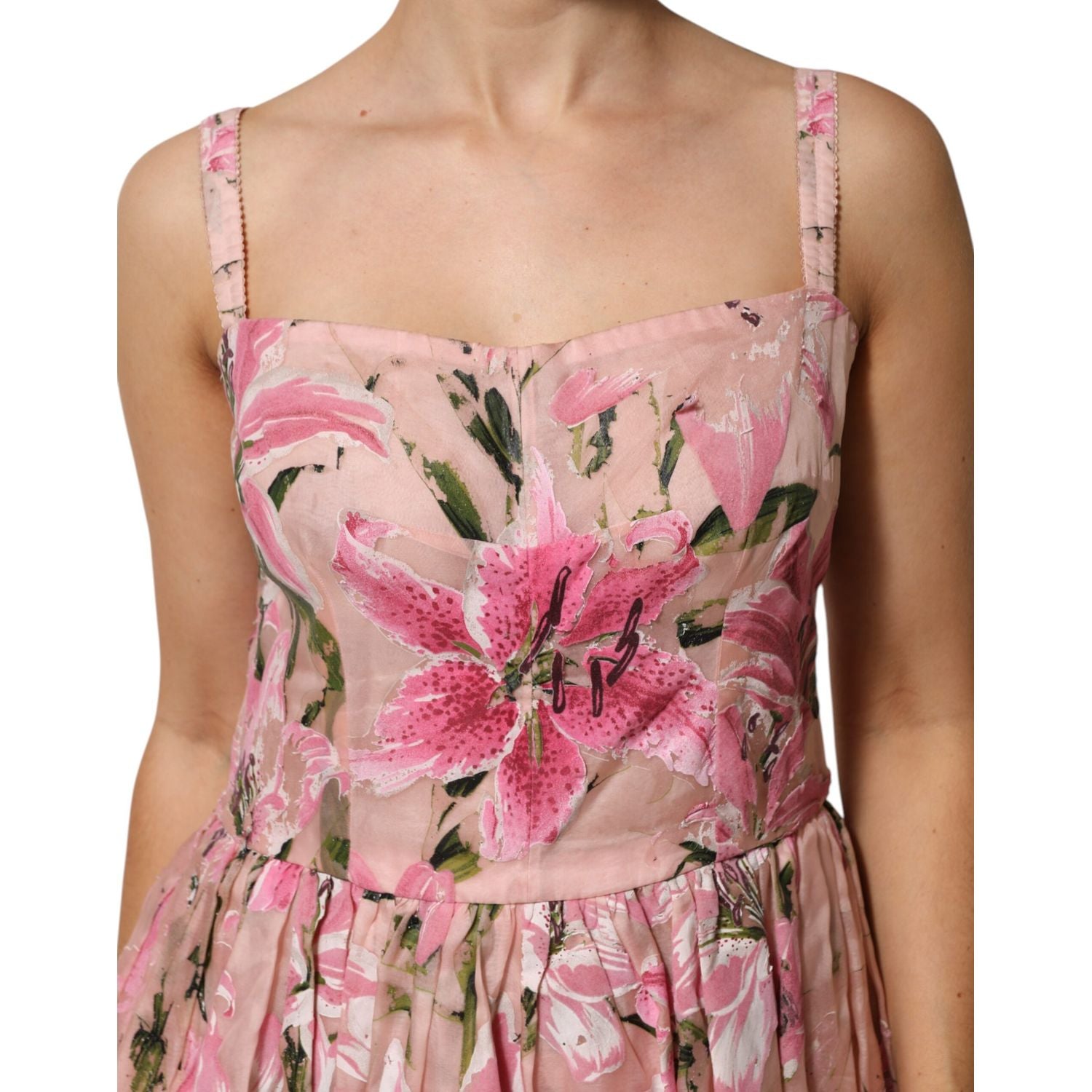 Dolce & Gabbana Pink Cotton Floral Pleated Sleeveless Dress