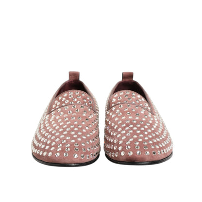 Dolce & Gabbana Pink Suede Crystals Loafers Men Dress Shoes front view with dazzling crystal embellishments.