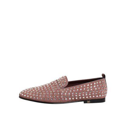 Dolce & Gabbana Pink Suede Crystals Loafers Men Dress Shoes with dazzling crystal embellishments and premium craftsmanship.