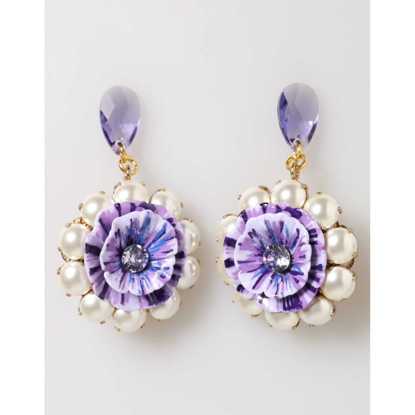 Dolce & Gabbana Purple Floral Crystal Pearl Drop Clip-On Statement Earrings with hand-painted flower and pearls.