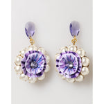 Dolce & Gabbana Purple Floral Crystal Pearl Drop Clip-On Statement Earrings with hand-painted flower and pearls.