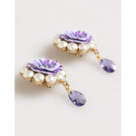 Dolce & Gabbana Purple Floral Crystal Pearl Drop Clip-On Statement Earrings with enamel flowers and pearls, showcasing elegance.