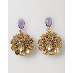 Dolce & Gabbana Purple Floral Crystal Pearl Drop Clip-On Statement Earrings, gold floral details with purple stones, luxurious design.