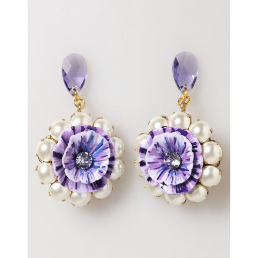 Dolce & Gabbana Purple Floral Crystal Pearl Drop Clip-On Statement Earrings with enamel flower and pearls.
