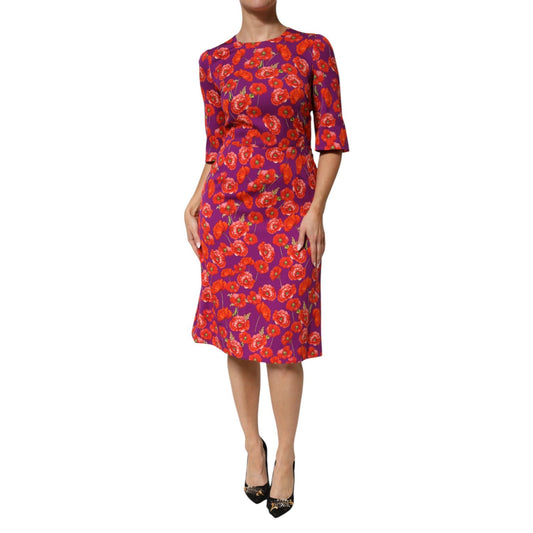 Dolce & Gabbana Purple Silk Floral Print Midi Sheath Dress with red poppy design and half sleeves, showcasing elegance in silk fabric.