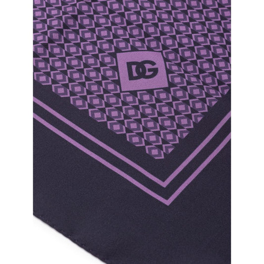 Dolce & Gabbana Purple Silk Pocket Square with geometric print and DG logo on silk twill fabric, size 32x32 cm, made in Italy.