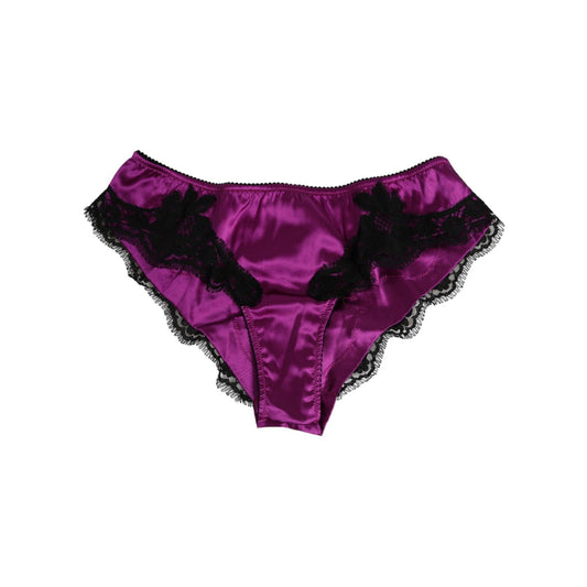 Dolce & Gabbana Purple Silk Satin Floral Lace Panty Brief Underwear with delicate lace trim and logo details, made in Italy.