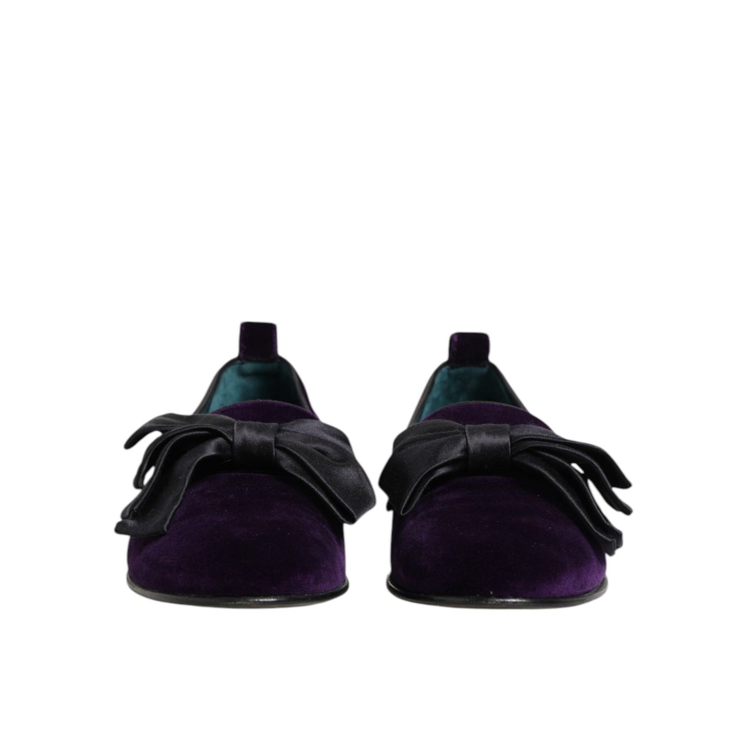 Dolce & Gabbana Purple Suede Cotton Bow Slip On Loafers Shoes front view with elegant design and soft cotton bow accent.