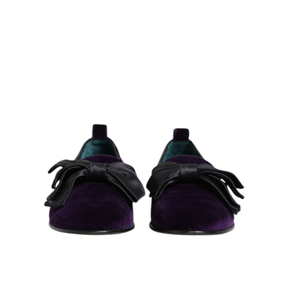 Dolce & Gabbana Purple Suede Cotton Bow Slip On Loafers Shoes front view with elegant design and soft cotton bow accent.
