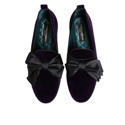 Dolce & Gabbana Purple Suede Cotton Bow Slip On Loafers Shoes, featuring a luxurious design and elegant soft bow detail.