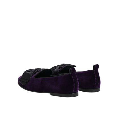 Dolce & Gabbana Purple Suede Cotton Bow Slip On Loafers Shoes displayed from the back angle, showcasing the soft suede material and sleek design.
