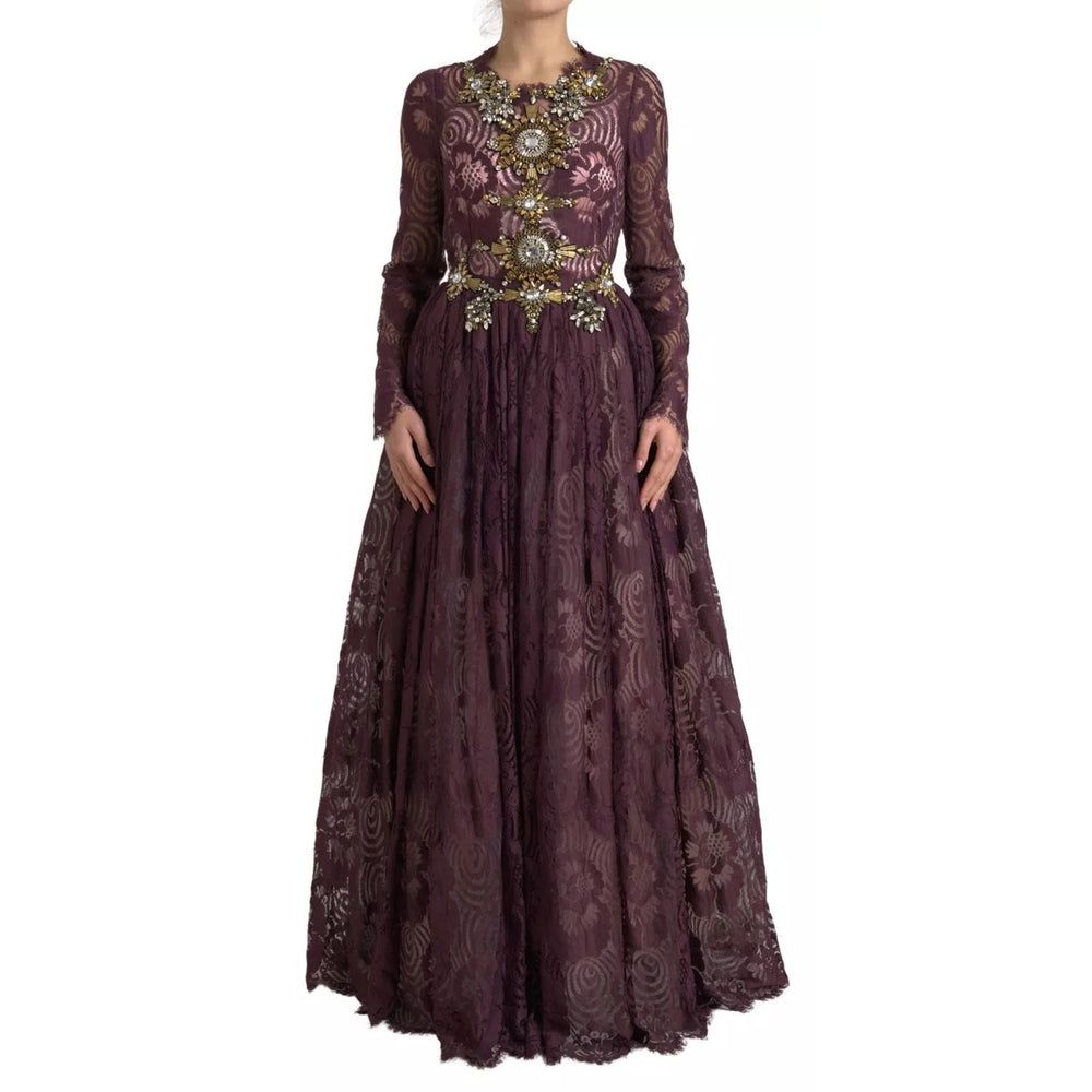 Dolce & Gabbana Purple Viscose Crystal A-Line Gown Dress with floral embroidery, featuring full length maxi design and multicolor crystals