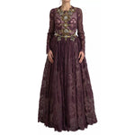 Dolce & Gabbana Purple Viscose Crystal A-Line Gown Dress with floral embroidery, featuring full length maxi design and multicolor crystals
