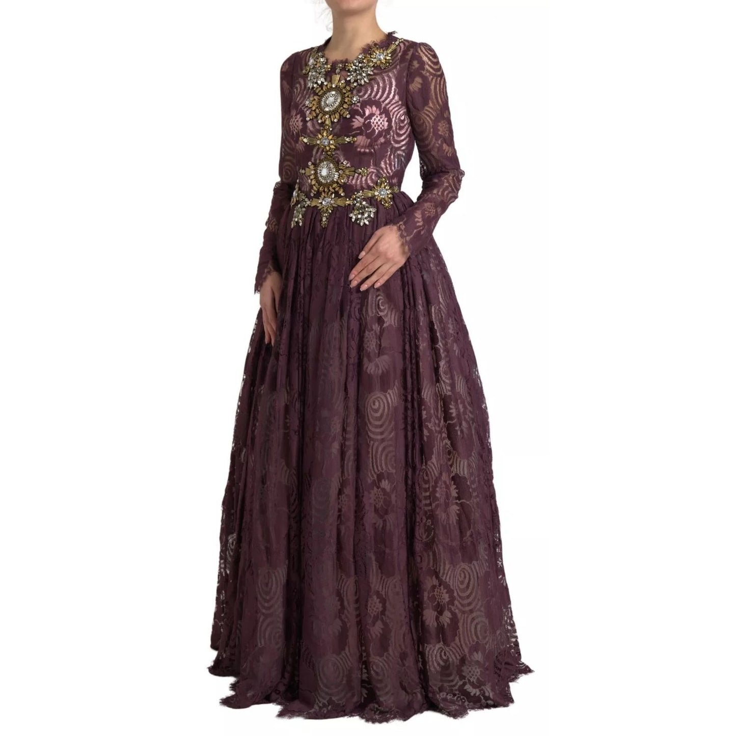 Dolce & Gabbana Purple Viscose Crystal A-Line Gown Dress with floral embroidery and multicolor applique design.