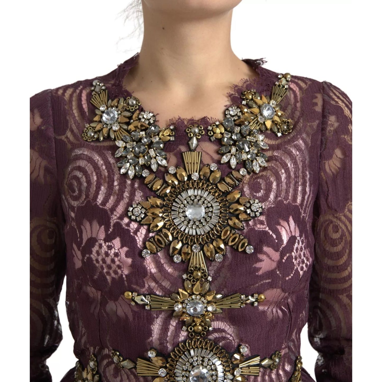 Dolce & Gabbana Purple Viscose Crystal A-Line Gown Dress with floral embroidery and crystal embellishments, close-up of neckline.