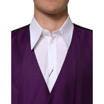 Model wearing Dolce & Gabbana Purple Wool Dress Formal Waistcoat Vest with white shirt, highlighting tailored elegance.