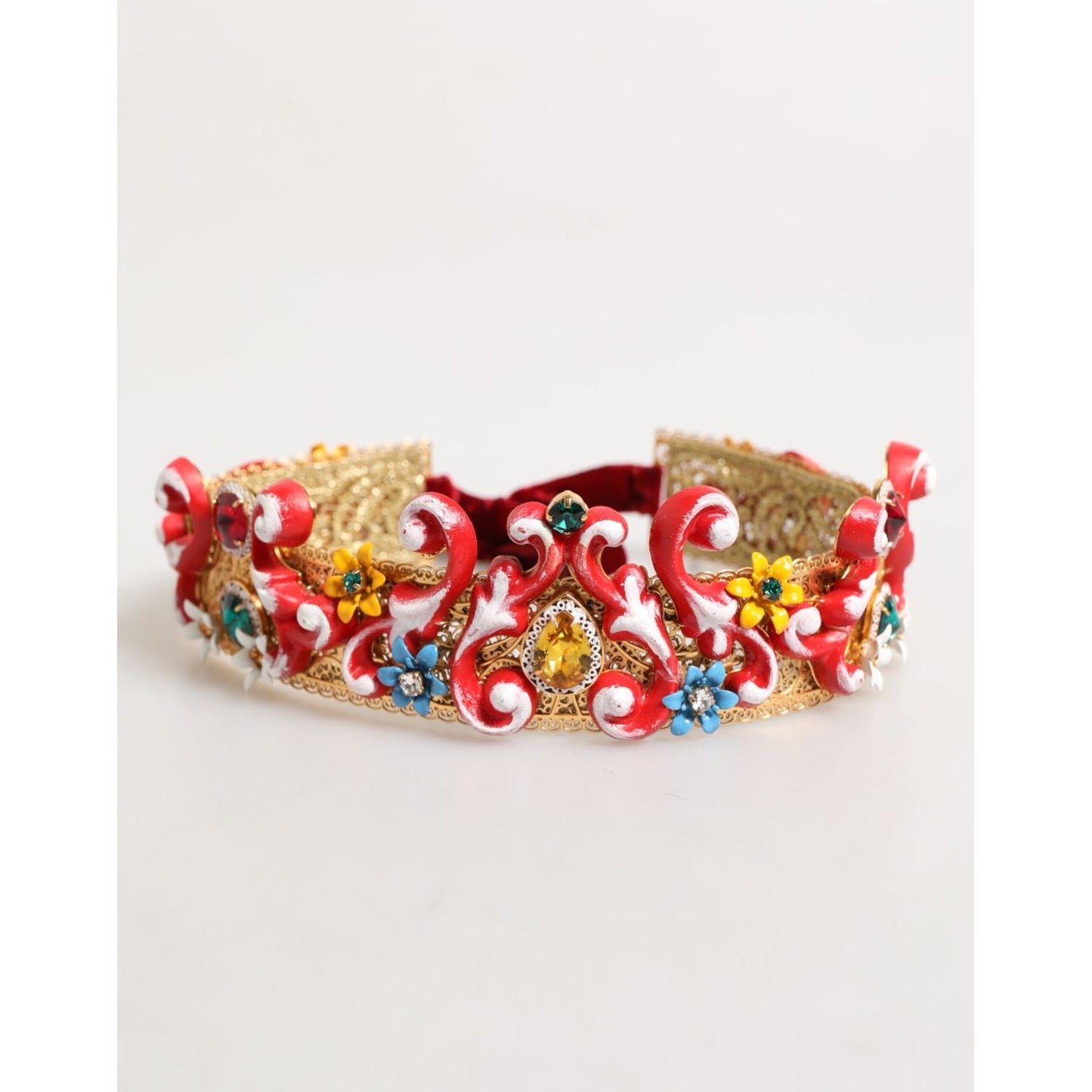 Dolce & Gabbana Red Carretto Multicolor Crystal Gold Tiara Crow Headband
