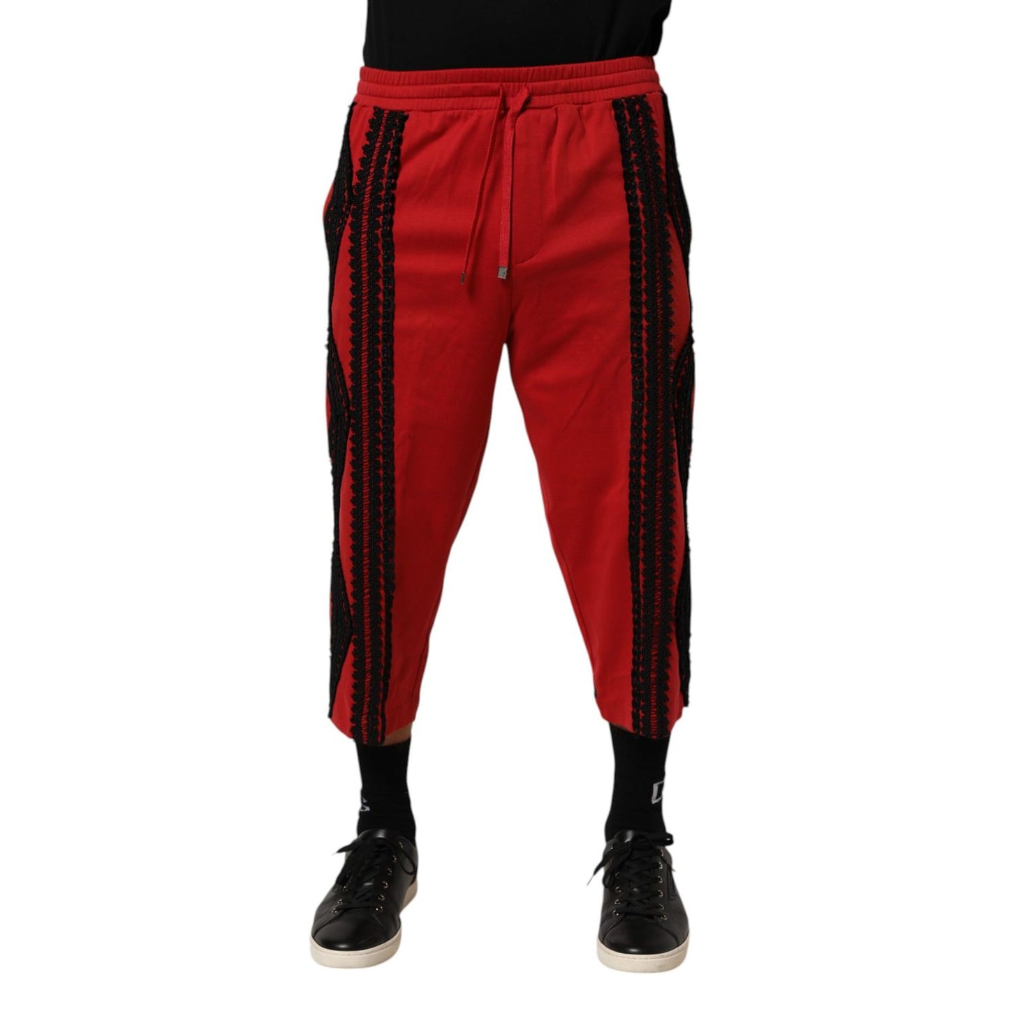 Dolce & Gabbana Red Embroidered Casual Cropped Trouser Pants with black detailing, perfect for a chic and modern look.