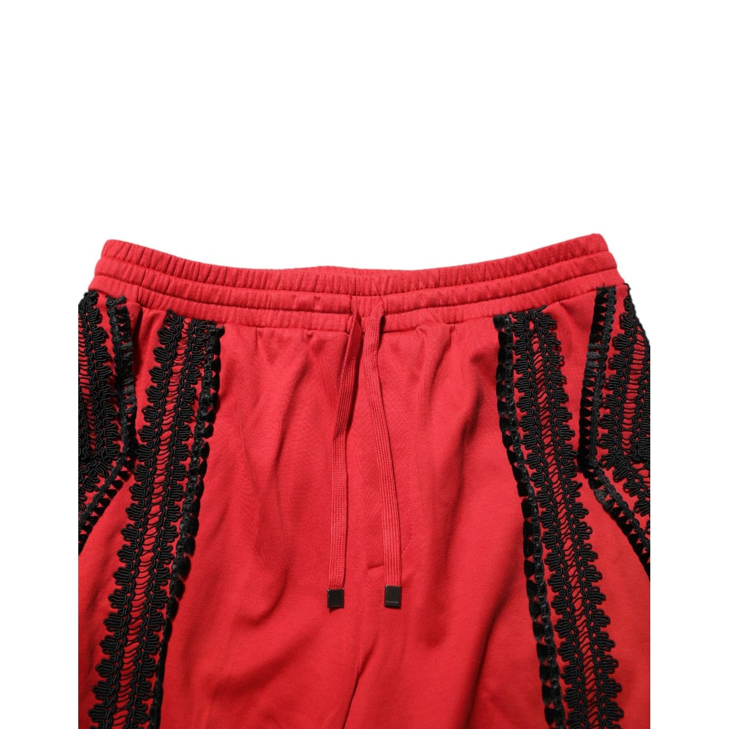Dolce & Gabbana Red Embroidered Casual Cropped Trouser Pants with intricate black embroidery, perfect for a chic modern look.