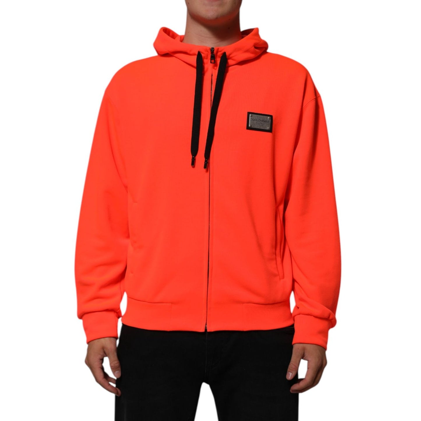 Dolce & Gabbana Red Fluorescent Polyester Logo Patch Hoodie Sweater