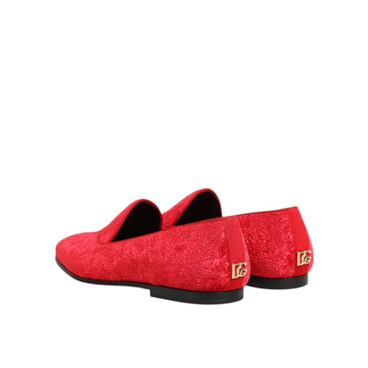 Dolce & Gabbana Red Jacquard Loafers Formal Men Dress Shoes with intricate patterning and sleek silhouette.