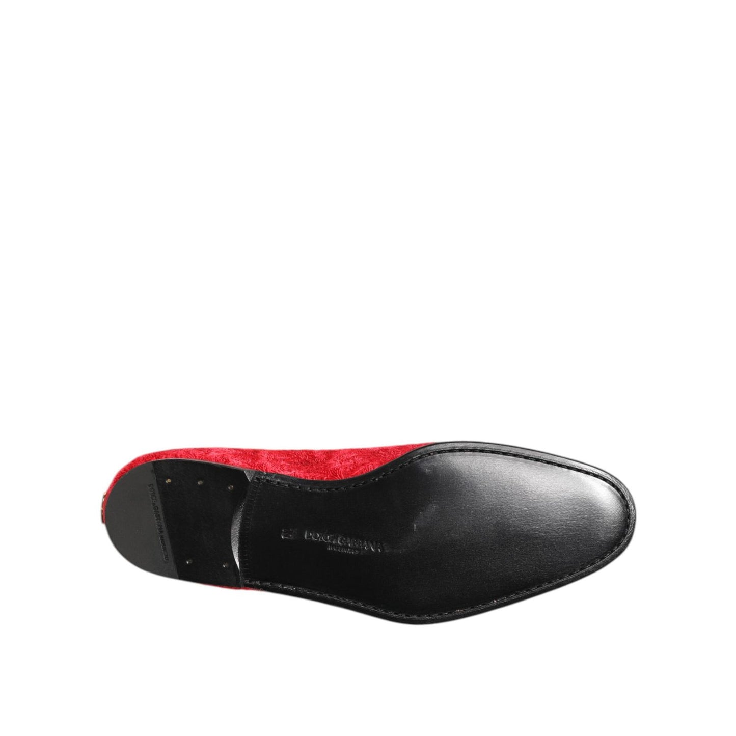 Sole view of Dolce & Gabbana Red Jacquard Loafers Formal Men Dress Shoes highlighting elegant craftsmanship.