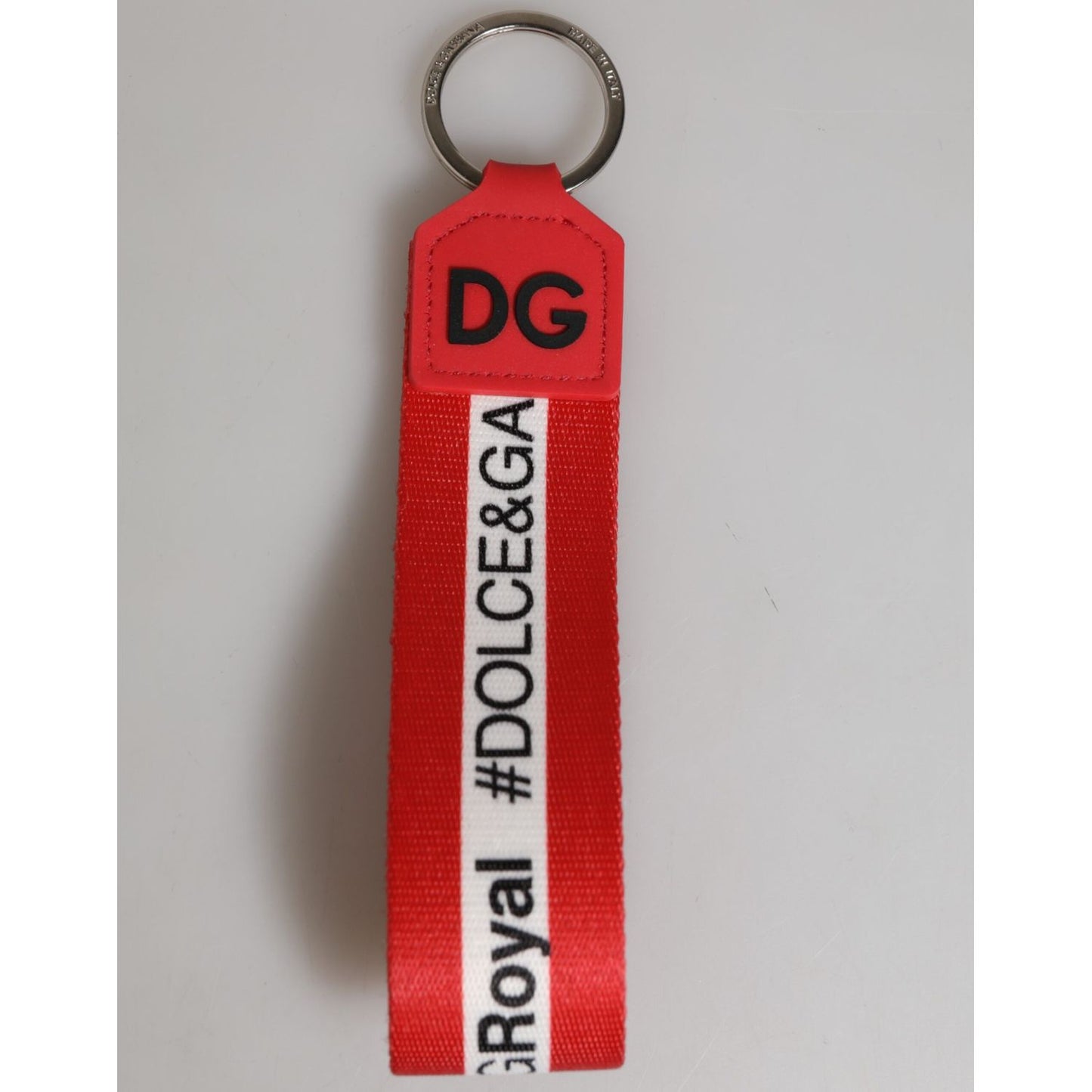 Dolce & Gabbana Red Logo Polyester Silver Brass Holder Keychain Men Keyring
